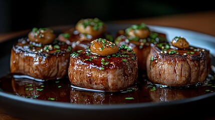 Delicious gourmet steak served with savory sauce and garnished with herbs.