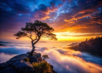 Lonely Silhouette Tree on Foggy Cliff Edge - Dramatic Nature Stock Photo