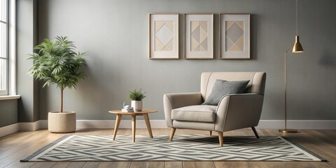 A stylish armchair sits alone against a pale gray wall in a modern living room with a geometric-patterned rug and a few pieces of abstract art on the walls, contemporary style, natural light