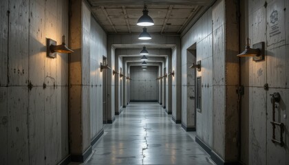Industrial corridor with concrete walls and illuminated ceiling lights