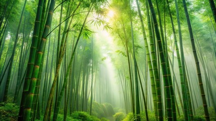Dense green bamboo forest with tall stalks and lush foliage on a misty morning, nature scenery, forest background
