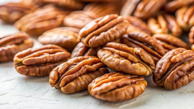Close-up view of pecan nuts against a soft white background, with subtle texture and warm lighting effects , background, nut