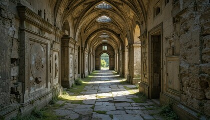 Fototapeta premium Abandoned Historic Corridor with Crumbling Walls and Archways