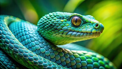 Fototapeta premium Coiled serpent head with piercing gaze, set against a blurred green background , closeup