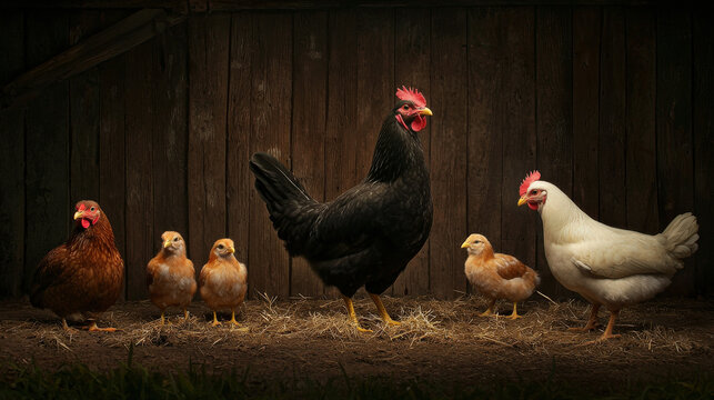 A serene farm scene featuring a mix of chickens and chicks gathered together, set against a rustic wooden backdrop.