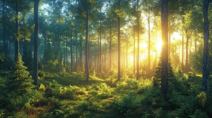 Obraz premium Sunbeams pierce misty forest