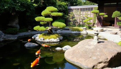 Serene Japanese Garden with Koi Fish Swimming in Tranquil Pond