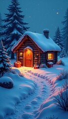 Snow-covered path, glowing hut, gift-laden pack , cozy, night, shadow