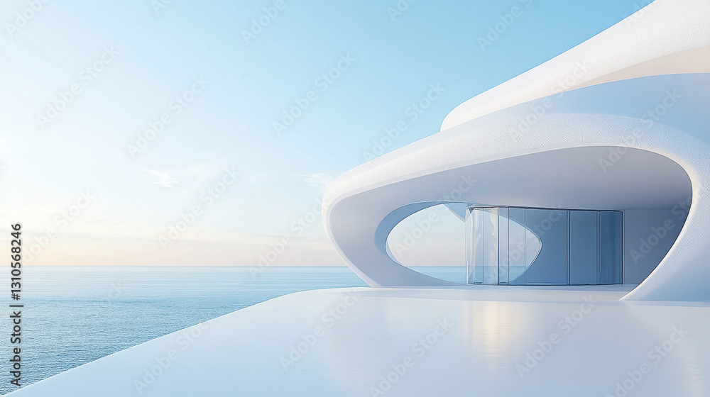 Aufkleber a white building with curved walls on the sea, a 3d rendering of an architectural design style