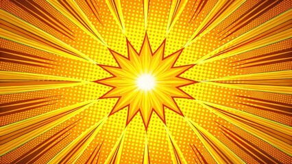 Fototapeta premium Bold colorful comic book artwork style background with radial patterns and abstract shapes surrounding a bright yellow glow , illustration, pop art