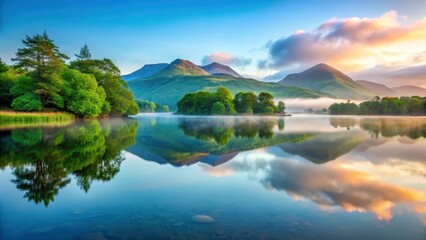 Reflections on calm Irish lake waters before sunrise with misty mountains and lush greenery , mist, reflection,  mist, reflection