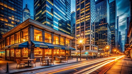 Long Exposure Cityscape: Coffee Shop & Skyscrapers at Night