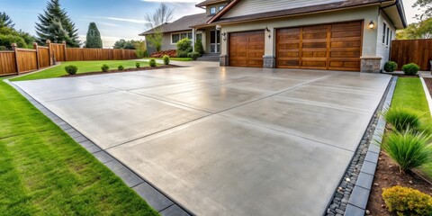 Close-up of a freshly poured concrete driveway, showing the slight sheen and texture of the new surface, surrounded by wooden fences and neatly manicured lawns , landscaping, architecture