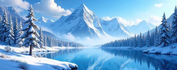 Breathtaking anime-style snowy mountain vista, crystalline lake, frosted pines , cold, snow, frozen