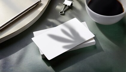 Minimalistic white business card mockup against a sleek workspace backdrop, exuding professionalism and modernity in an aesthetically pleasing office environment.