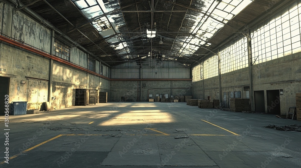 Poster vast empty warehouse with open space and high ceiling light