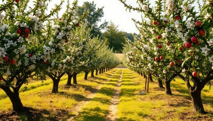 Naklejka premium Apple Orchard in Bloom with Red Fruit and Bright White Flowers