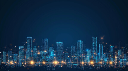 Fototapeta premium Cyber Cityscape: A futuristic city skyline comes to life with interconnected digital networks, pulsating lights, and technological innovation, reflecting the dynamism of urban life.