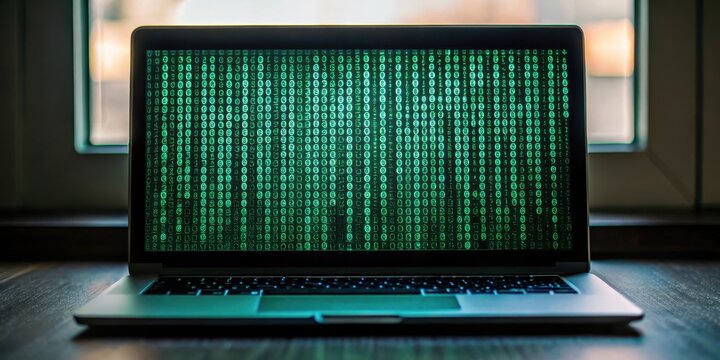 A darkened computer screen displays a Linux terminal with a matrix-like effect on the text commands , geeky, gaming