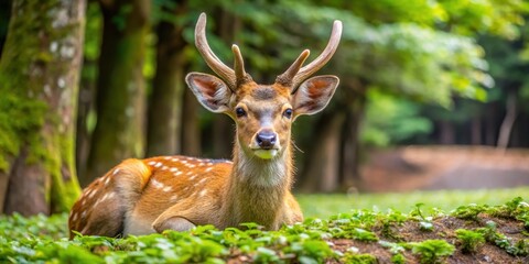 Fototapeta premium A majestic deer lies on its side in Nara Park Japan resting with an amused expression of surprise and delight at having found a succulent patch of clover, nature, relaxation