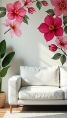 Clean lines of white sofa contrast bold blooms on wallpaper , bloom, white, modern
