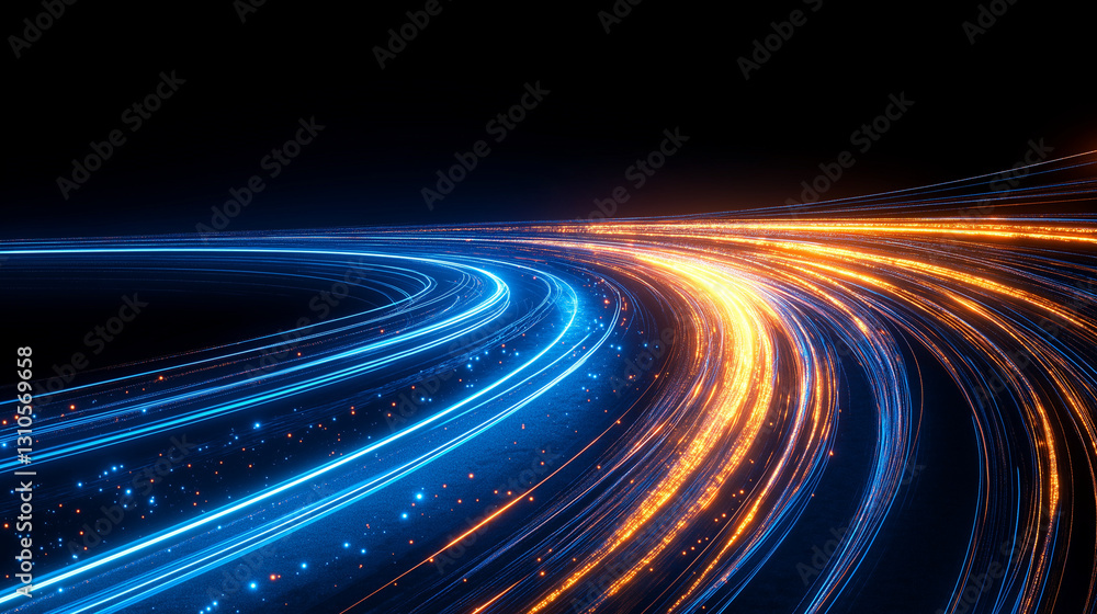 Poster illuminated path: a vibrant stream of data or energy flows in dynamic motion, highlighting the speed