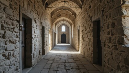 Fototapeta premium Serene Stone Corridor with Arched Ceilings and Doorways