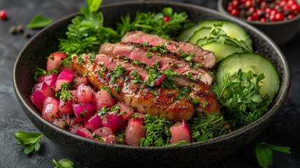 Delicious grilled meat served with fresh vegetables and herbs in a stylish bowl.