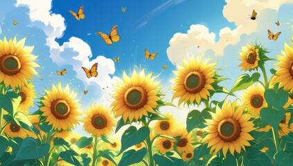 Fondo de pantalla de un jardín de girasoles rodeado de abejas y mariposas con el cielo azul de fondo.