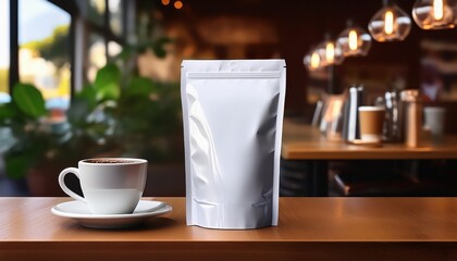 Elegant White Coffee Foil Bag Packaging Design Simulating a Trendy Coffee House Setting, Showcasing a Coffee Spill Evoking a Cozy Atmosphere with Rich Textures and Warm Colors.
