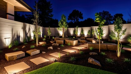 Obraz premium Tranquil Night Garden with Pathway and Ambient Lighting Features