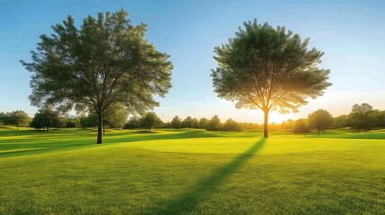 Fototapeta premium Sunrise golf course with lush green fairways