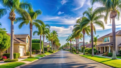 serene landscape of a residential street in Eastlake Chula Vista with palm trees and a few houses, reflecting calmness and tranquility , palm trees, residential