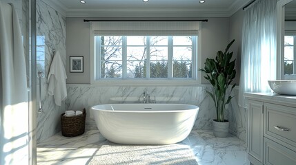 Luxurious Modern Bathroom With Freestanding Tub And Marble Walls