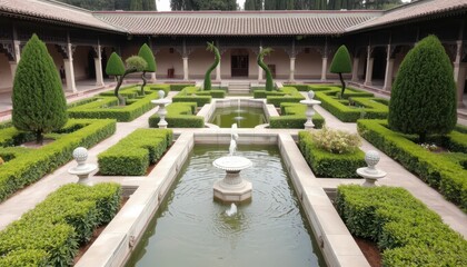 Obraz premium Elegant Garden with Sculptures and Tranquil Water Features