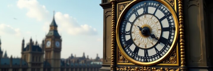 Close-up view of clock face and parliament building detail, History, Brick