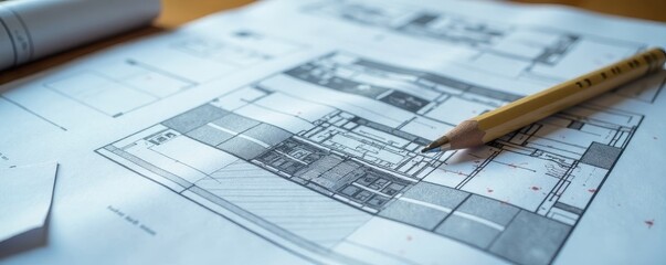 Close-up of architectural blueprints spread across a table, building, materials