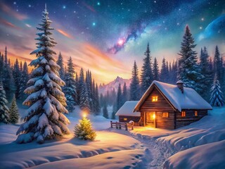 Fototapeta premium Long Exposure Photography of a Watercolor Mountain Cabin at Night