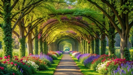 Fototapeta premium A soothing atmosphere is created by the gentle passage through a lush green tunnel of trees lined with vibrant spring flowers, set against a soft blue sky, Sky, Trees