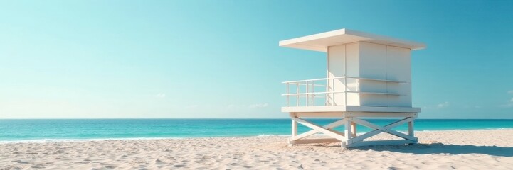 Modern minimalist lifeguard tower with sleek lines, situated on a pristine beach , architecture, sky
