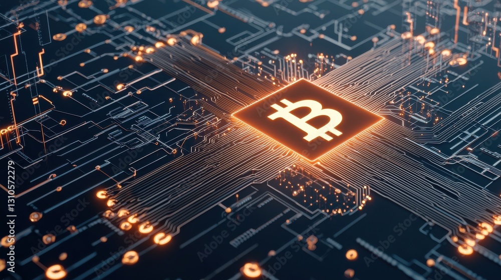 Poster a digital representation of bitcoin on a circuit board with glowing connections.