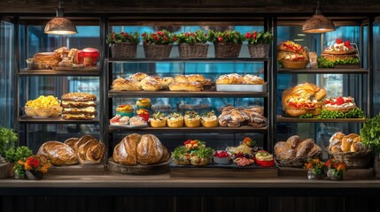A tempting bakery display featuring an array of breads and pastries perfectly arranged for an inviting culinary experience