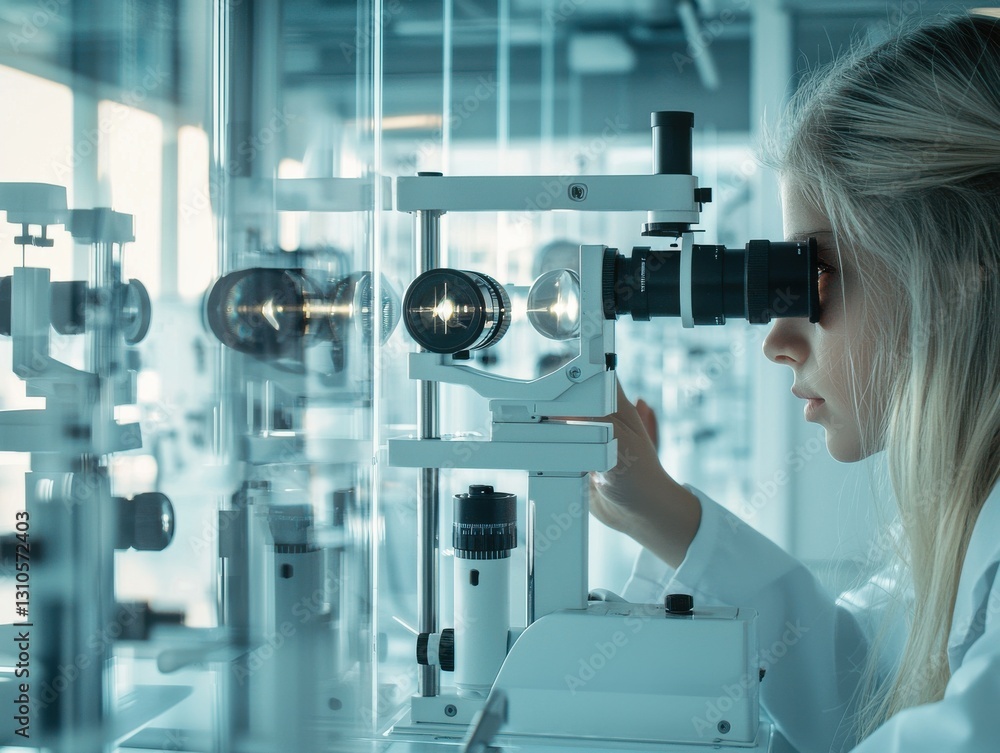 Poster a focused scientist examining samples under a microscope in a modern laboratory setting.