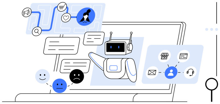 Robotic chatbot interacts with users through messages, icons, and emotive reactions. Ideal for AI, automation, customer service, technology, communication feedback innovation. Flat simple metaphor