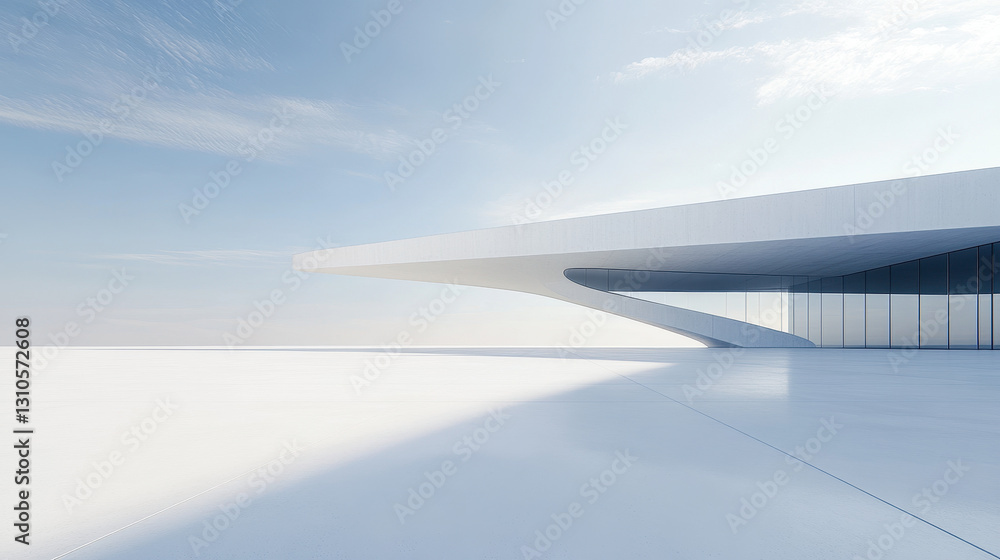 Poster modern architecture, a white building with a curved shape on the right side of the frame