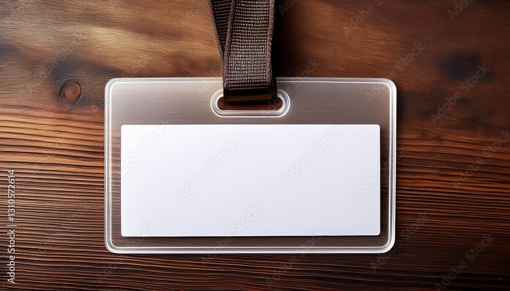 Aufkleber white id card badges arranged on a rustic wooden table, set against a minimalist backdrop for a mode