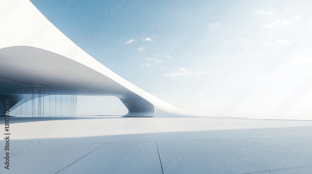 Poster modern architecture, a white building with a curved shape on the right side of the frame