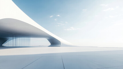 Modern architecture, a white building with a curved shape on the right side of the frame