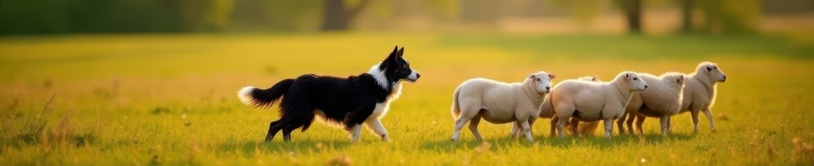Obraz premium Alert border collie intensely watching sheep flock , countryside, dog