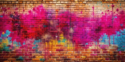 Obraz premium Vibrant graffiti with pink hues splattered across a weathered brick wall, creating an urban landscape with an artistic twist , urban, art
